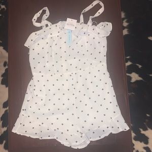Maroon and white polka dot romper